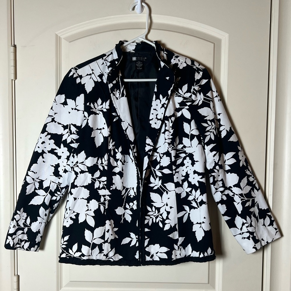 Carole Little Vintage Black White Floral Open Front Blazer Jacket Cotton L